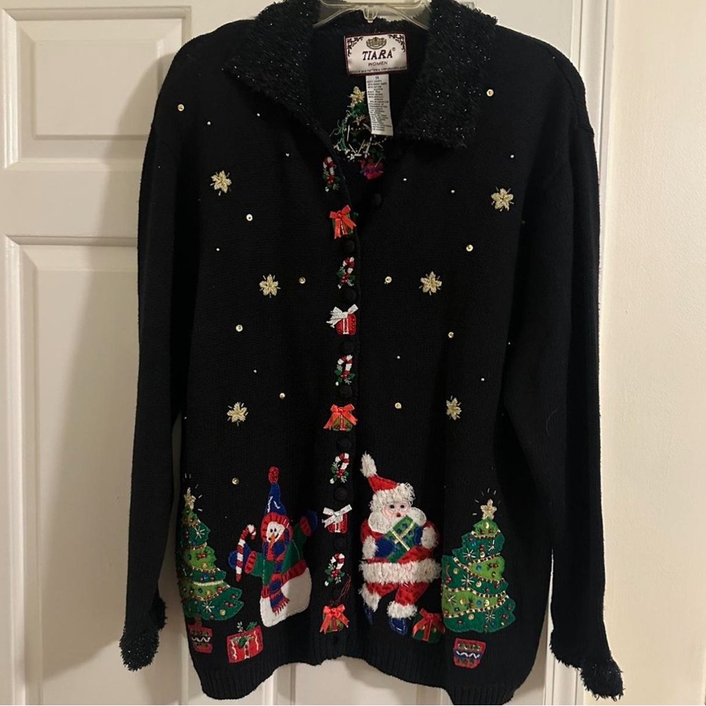 Vintage Tiara Black Cardigan with Festive Embellishments